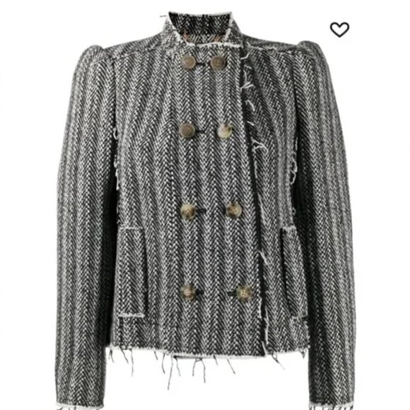 Tory Burch Sammy Herringbone Tweed Raw Edge Double Breasted Wool Blend Jacket 6 - Picture 4 of 15